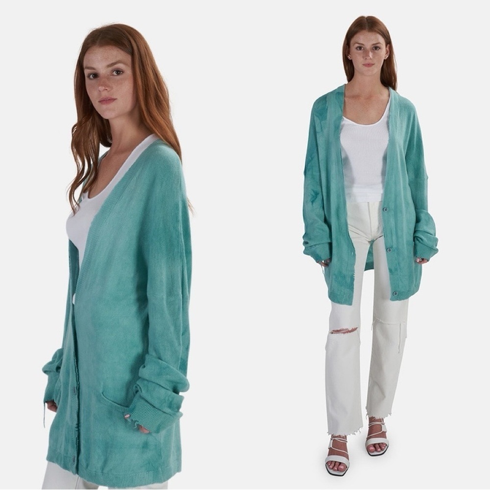 RTA Distressed Green 100% Cashmere Designer Boyfriend Sweater Cardigan Sz XS